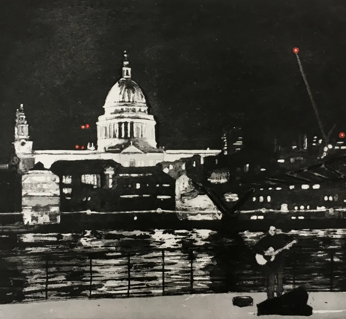St Paul's Cathedral and the Millennium Bridge at night, seen from the Members' viewing balcony at Tate Modern
