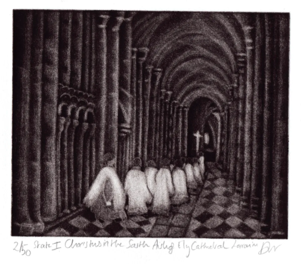 Choristers in white surplus walking behind a cross in the south aisle of Ely Cathedral