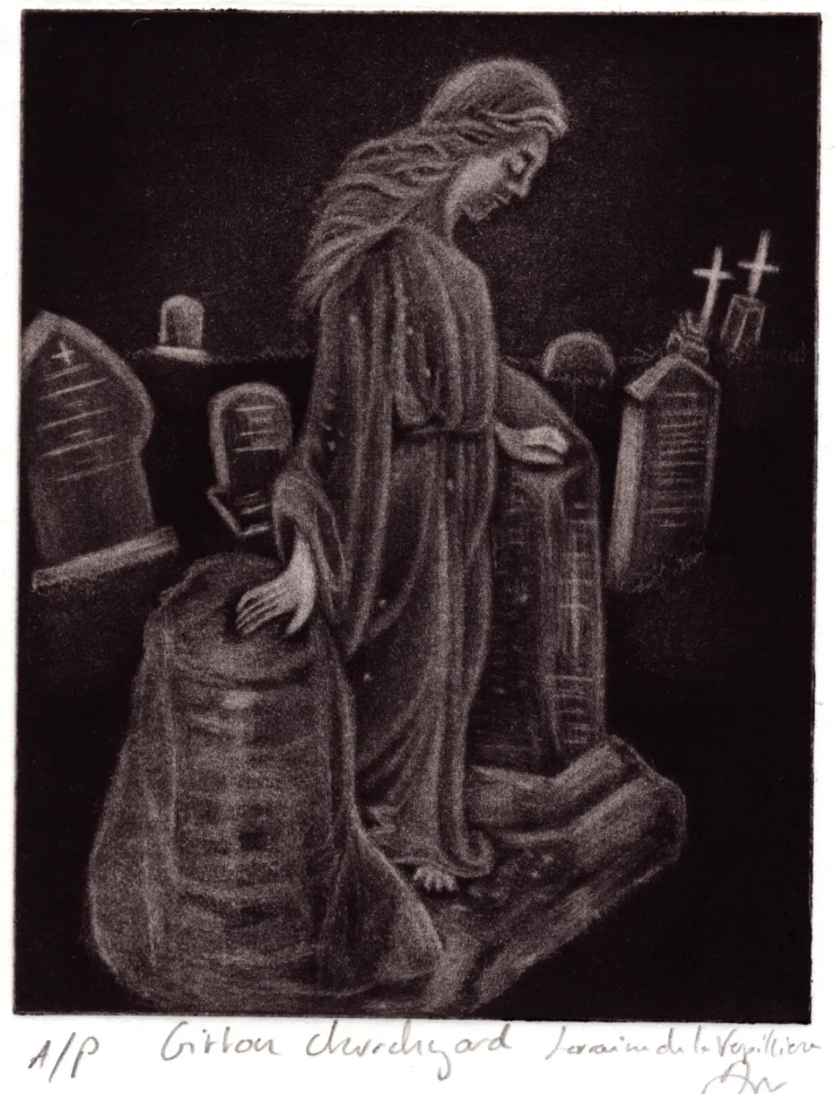 Statue above a tombstone of a lady grieving and resting her hand on the stone