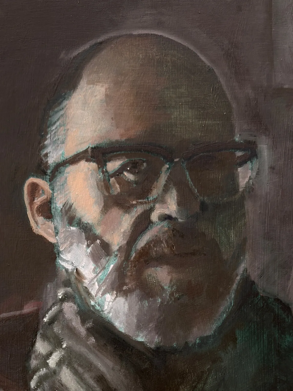 Detail of a painting by Glyn Cannon, a self-portrait in a dark room