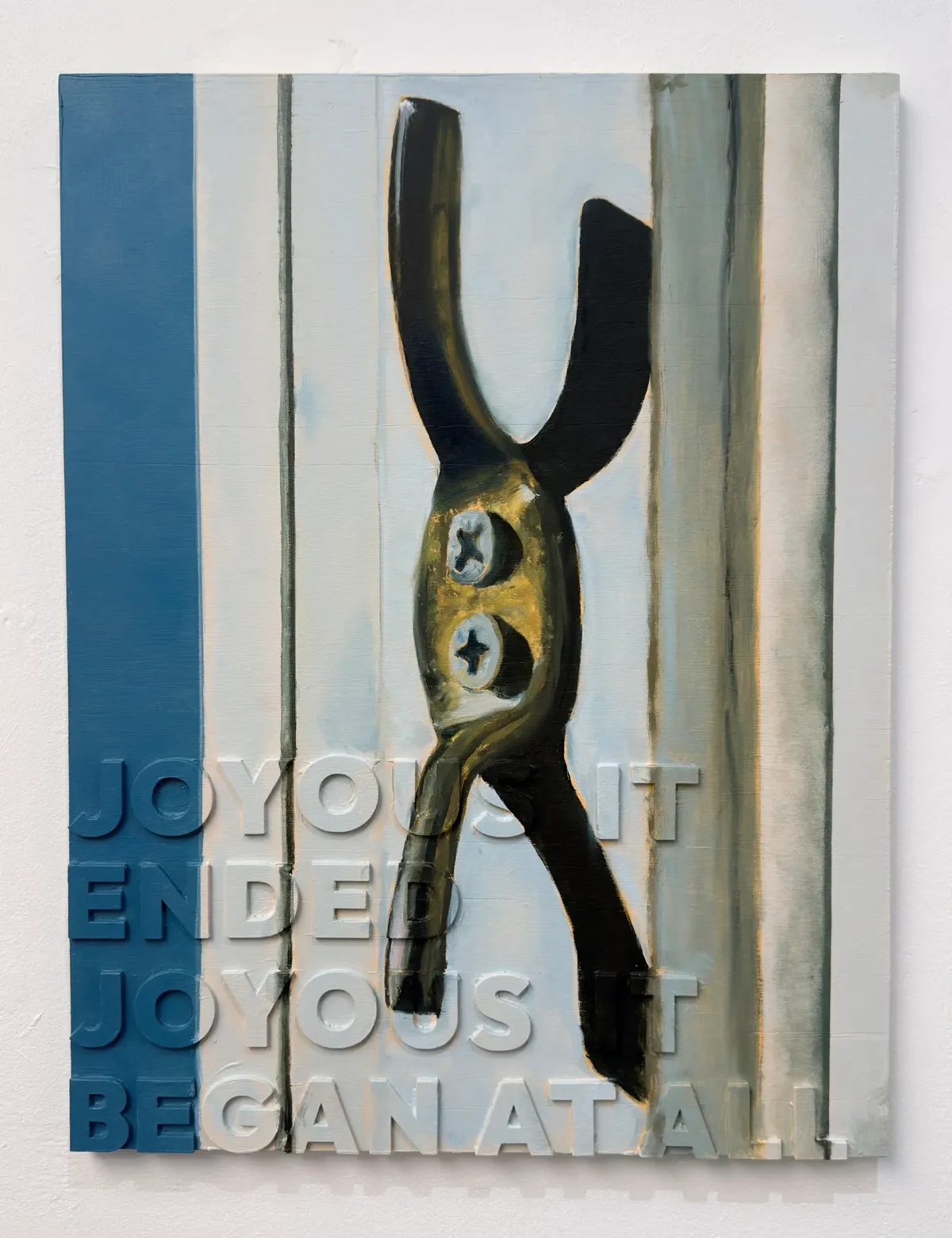 A painting of a cleat hook casting a shadow in strong sunshine on top of relief text reading 'JOYOUS IT ENDED JOYOUS IT BEGAN AT ALL'