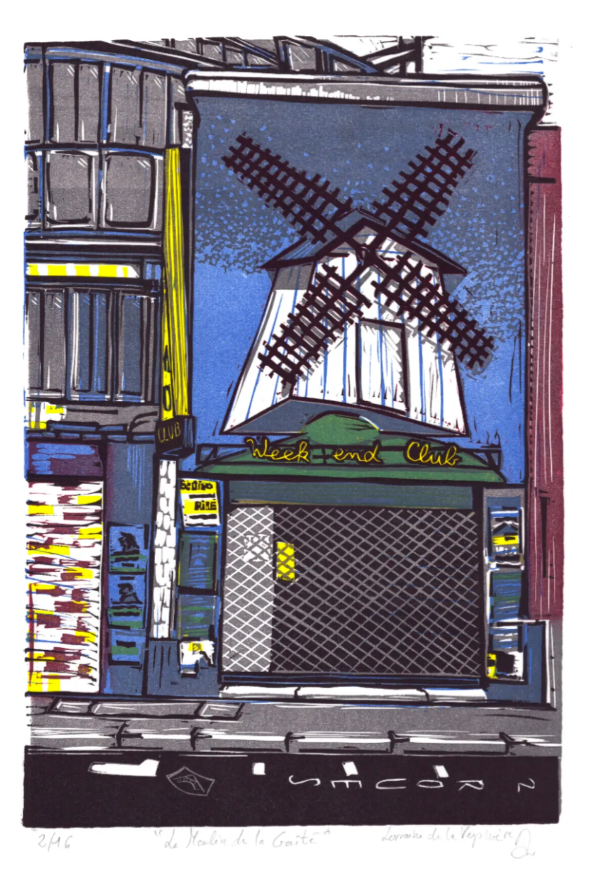 Urban view of a building facade in Paris Montparnasse, an old night club, with the 3D papier mâché sculpture of a windmill above the entrance