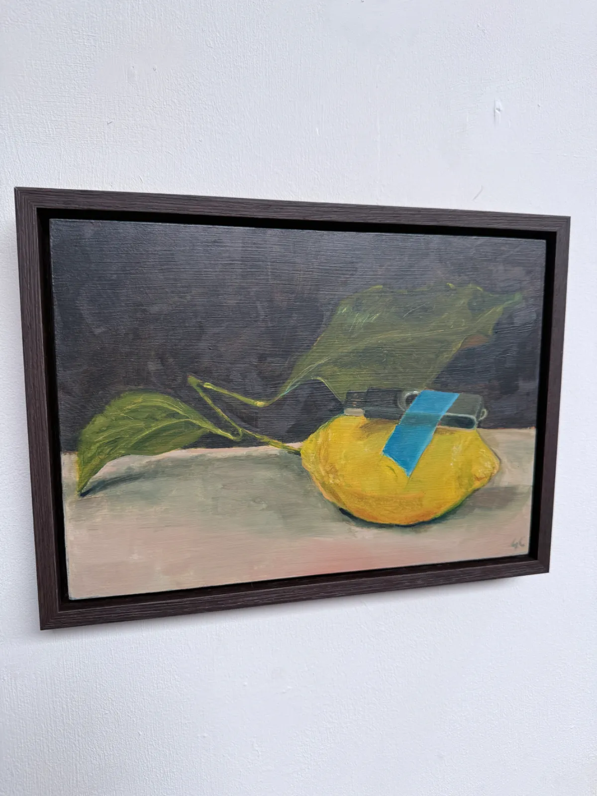 A framed picture of a lemon with a USB stick taped to it