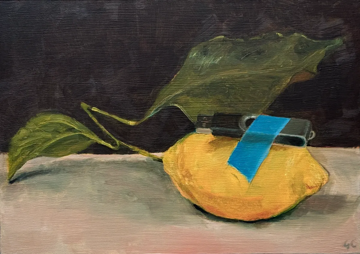 A still life painting of a USB stick attached with blue tape to a Lemon
