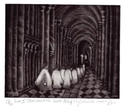 Choristers in white surplus walking behind a cross in the south aisle of Ely Cathedral
