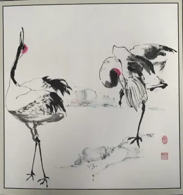 Two Red-Crowned Cranes