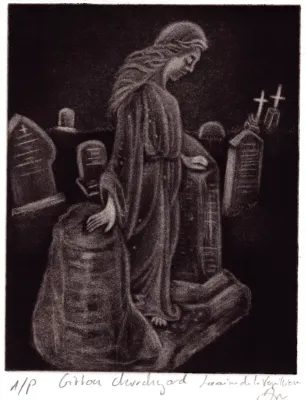 Statue above a tombstone of a lady grieving and resting her hand on the stone