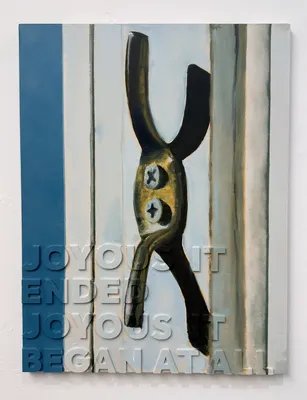 A painting of a cleat hook casting a shadow in strong sunshine on top of relief text reading 'JOYOUS IT ENDED JOYOUS IT BEGAN AT ALL'