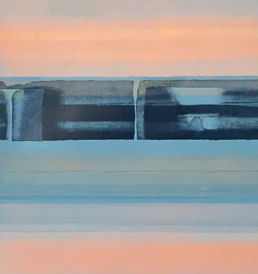 Abstraction of Sunset above the sea with speeding train travelling north