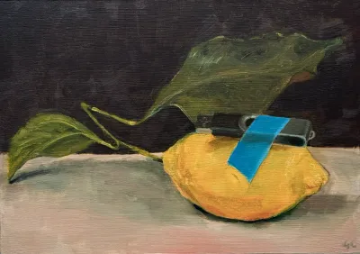 A still life painting of a USB stick attached with blue tape to a Lemon